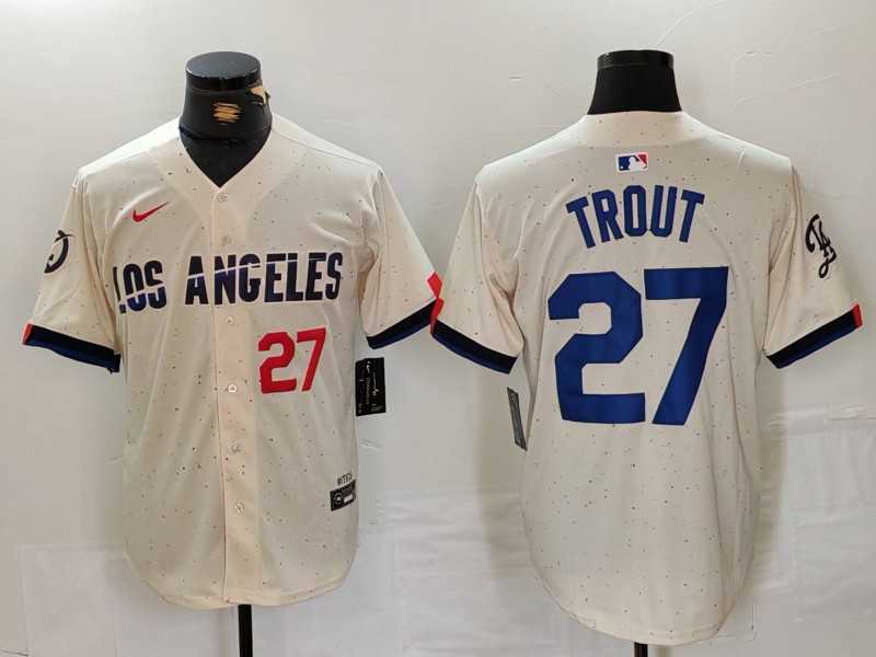 Mens Los Angeles Dodgers #27 Mike Trout Number Cream 2024 City Connect Limited Stitched Jerseys